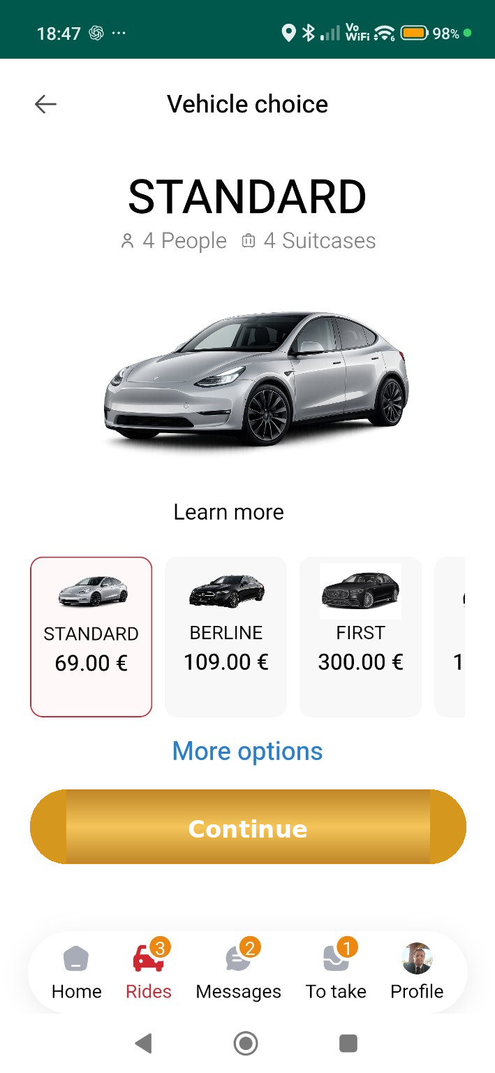 Écran de réservation de l'application Chauffeur Classe Affaires sur iPhone