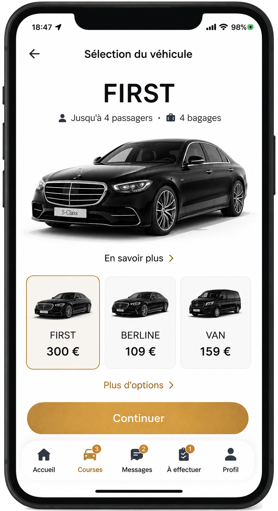Application mobile de réservation Chauffeur Classe Affaires affichée sur iPhone