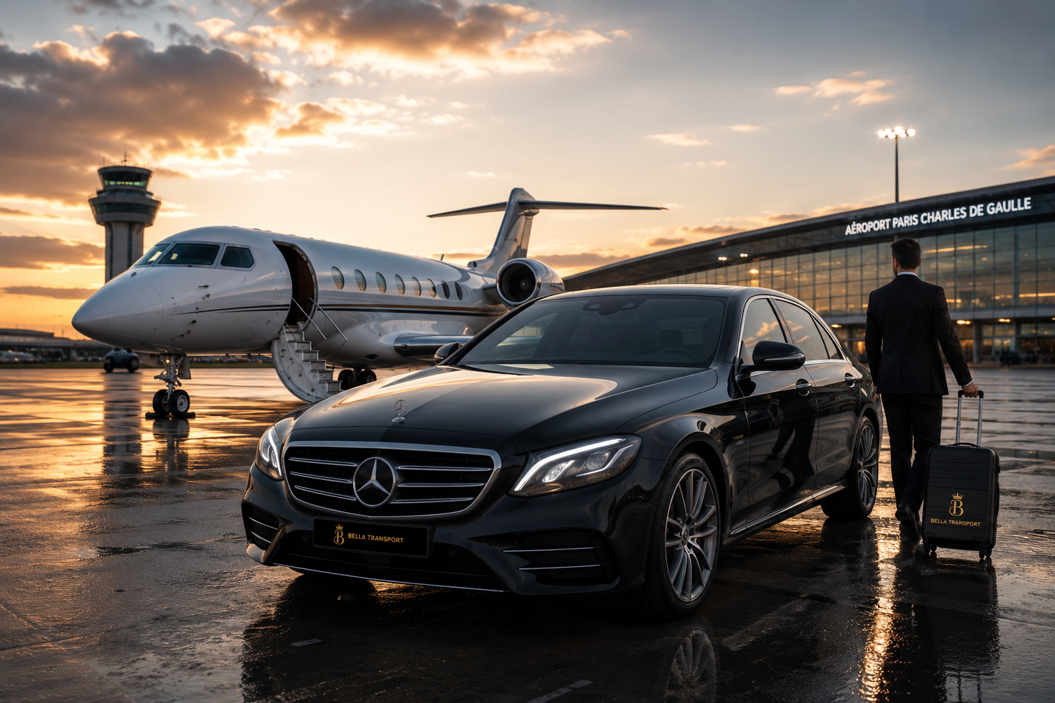 Mercedes noire avec chauffeur devant un jet privé sur le tarmac d'un aéroport