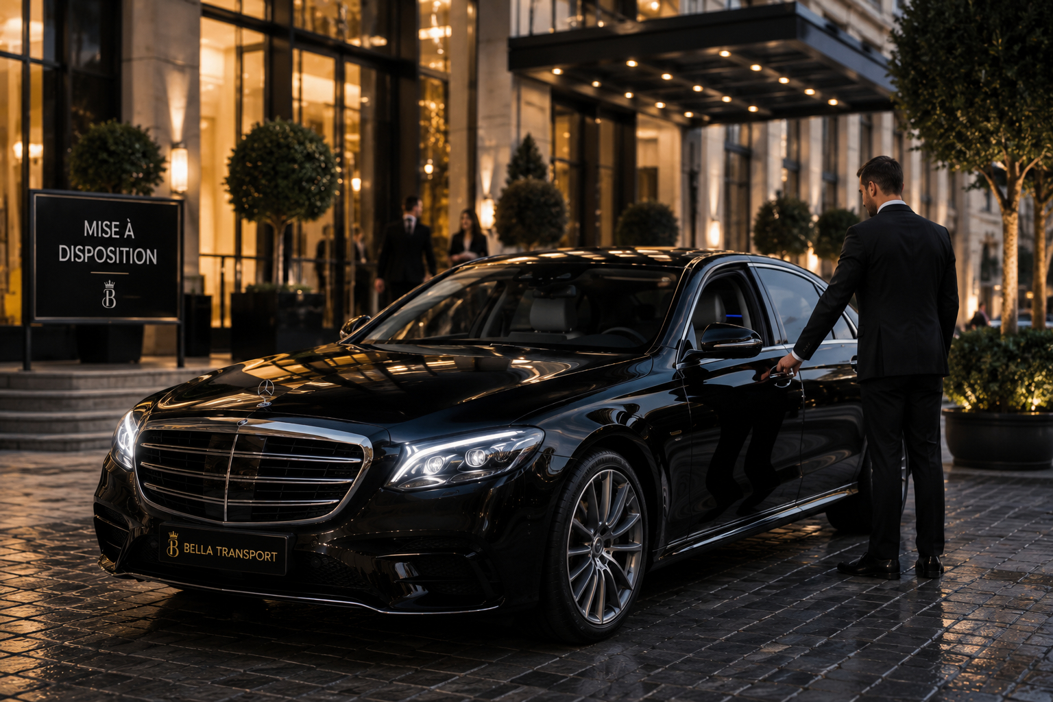 Mercedes noire avec chauffeur devant l'entrée d'un hôtel de luxe