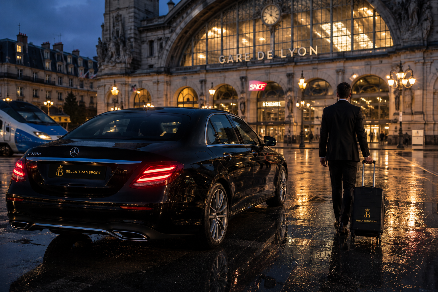 Mercedes noire et chauffeur devant un hôtel parisien en soirée